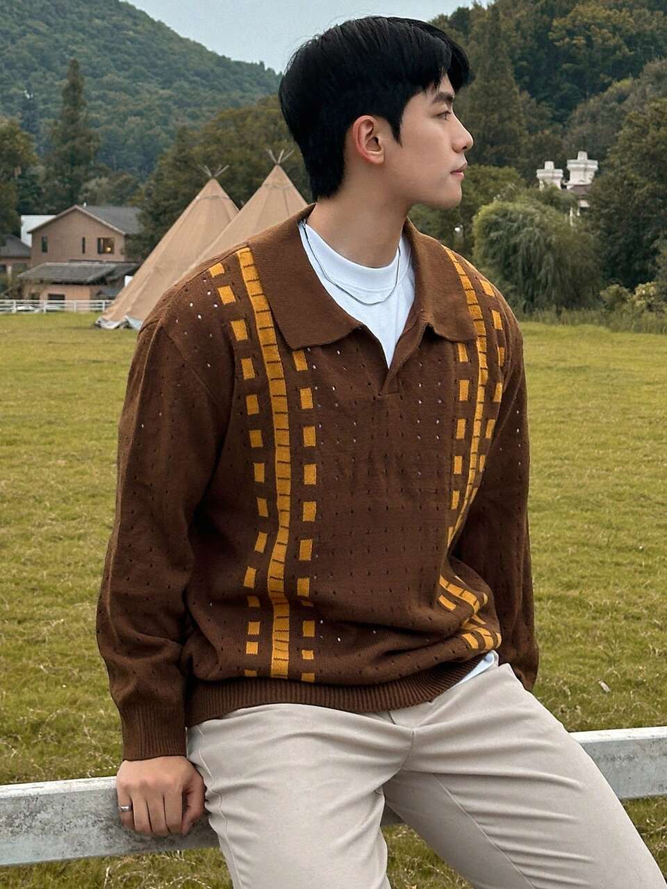 Autumn Asymmetrical Striped Print Lapel Long Sleeve Men's Sweater Vacation