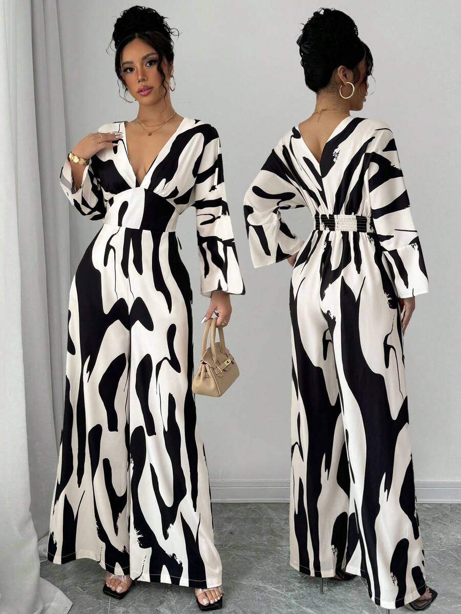 RosyDaze 女式褶皱不对称黑白印花连体裤，腰带高腰阔腿宽松休闲工作连体裤 - 黑與白 - 查看 1