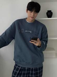 DAZY 1pc Men Navy Letter Print Fleece Pullover Sweatshirt, Autumn,Winter - Blue - View 7