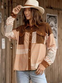 LanaWest Women Striped Color Block Fleece Patchwork Dropped Shoulder Button Flap Pocket Long Sleeve Jacket, Warm For Autumn/Winter Fall Cloth For Women - Multicolor - View 5