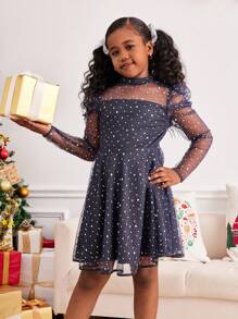 SHEIN Tween Girls' Long Sleeve Shiny Mesh Ruffle Trim Party Dress, Elegant & Pretty For Autumn/Winter, For Christmas - Blue - View 5