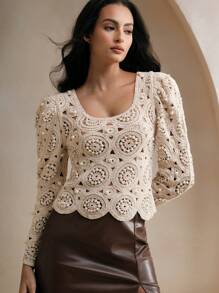 Anewsta Elegant Square Neck Hollow Out Retro Crochet Lantern Sleeve Top, Suitable For Spring & Autumn - Apricot - View 5