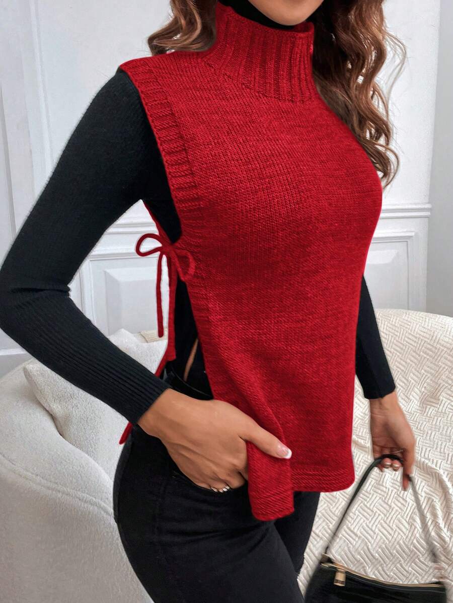 SHEIN LUNE 1 件纯色立领侧开衩系带针织毛衣背心,秋冬季休闲 - 酒紅色 - 查看 1