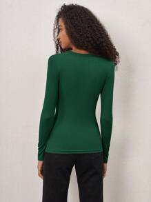 SHEIN BASICS Áo thun dệt kim gân trơn cho mùa xuân và mùa thu - Màu xanh lá cây đậm - Xem 2