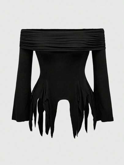 Plus Size Gothic Romantic Off Shoulder Flare Sleeve Simple Fitted T-Shirt