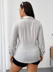 Flirla Camisa elegante y sencilla de talla grande con rayas, cuello de solapa y mangas largas