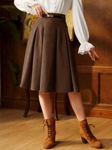 Vintamour 复古优雅女士褶皱 A 字裙配腰带，棕色，适合工作或休闲场合返校服装秋装秋装教师服装冬季女士复古服装卡其色裙子返校节裙子短款栗色 - 摩卡棕 - 查看 6