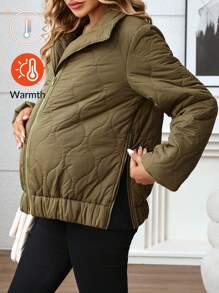 SHEIN Collar Long Sleeve Front Zipper Maternity Coat, Winter Outerwear, Warm And - Green - View 6