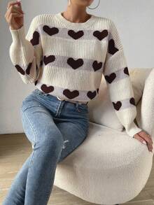 Chiquease 休闲拼色条纹心形图案毛衣，秋冬 - 白色 - 查看 6