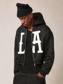 SUMWON Áo hoodie khóa kéo toàn phần cao cấp in chữ LA phong cách thể thao cổ điển cỡ lớn mặc thường ngày mùa đông thu ấm áp mặc thể thao Varsity College - màu đen - Xem 2