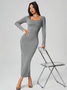 SHEIN PETITE 秋装纯色方领紧身黑色长袖连衣裙 - 深灰色 - 查看 4