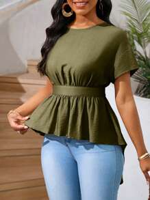 SHEIN Lady 女式 Y2K 风格镂空后背系带前短下摆长背卡其色/米色休闲度假夏季上衣 - 軍綠色 - 查看 4