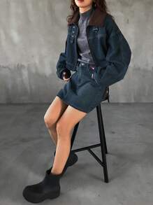 FRIFUL Women's Casual Colorblock Teddy Fleece Lapel Zip-Up Raglan Oversized Denim Jacket