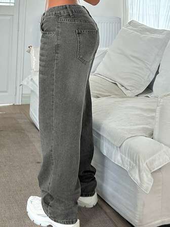 Gray Pants For Women; Casual, Versatile, Basic, Four-Season Denim Straight-Leg Trousers.