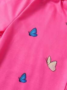 SHEIN Set de 2 piezas de sudadera y pantalones con estampado de personaje de dibujos animados y mariposa lindo para niña, color fucsia, adecuado para usar en capas, ropa exterior, ropa de estar en casa, otoño/invierno - Rosa Fucsia - Ver 2