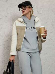 SHEIN Unity Felpa con cappuccio a maniche lunghe con grafica a lettere e spalle scoperte, termica, per l'autunno - Grigio - Visualizzare 6