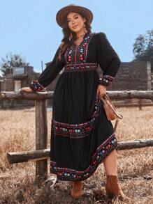 Freevana Plus Size Women Mexican Pattern V-Neck Western Boho Holiday Super Long Dress, Versatile Long Sleeve Dress For Autumn/Winter - Multicolor - View 4