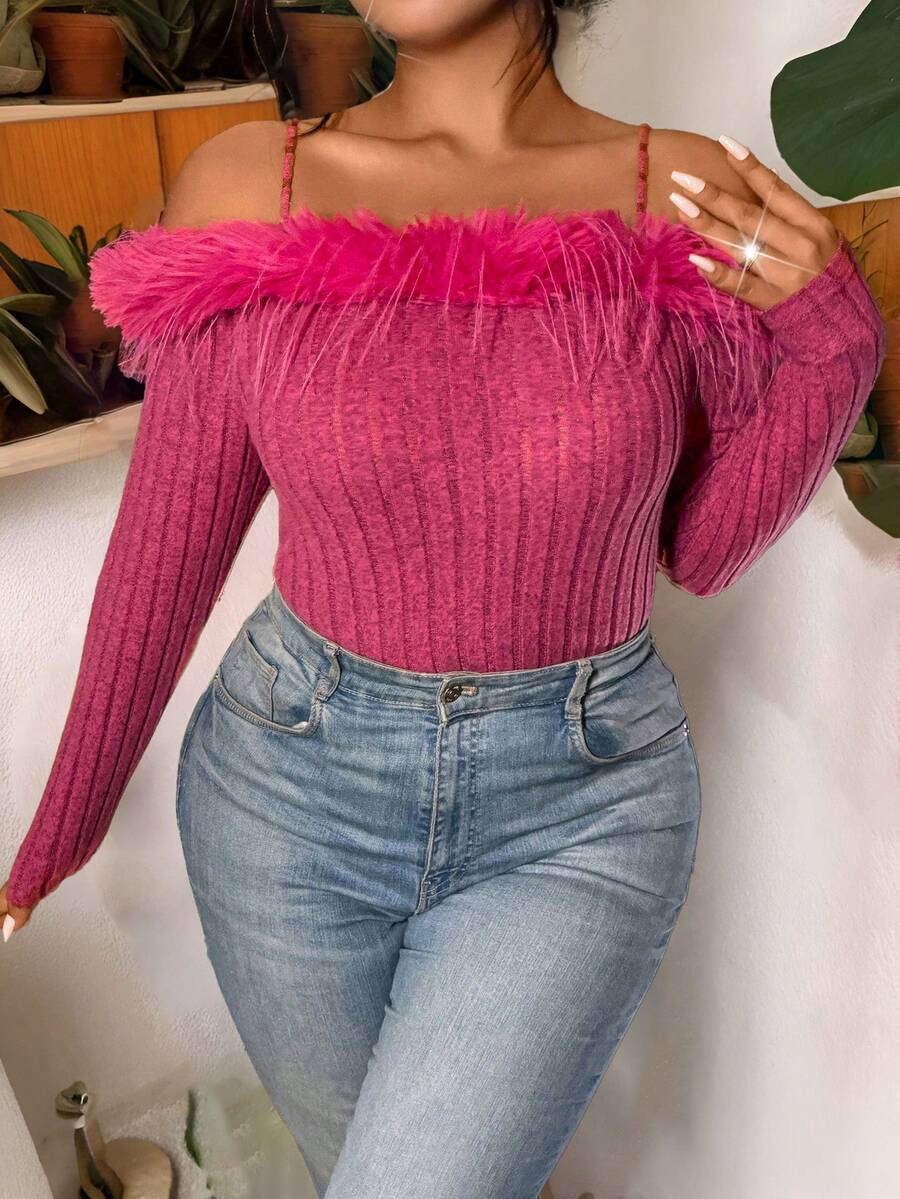 Allurite 大码纯色毛绒拼布露肩休闲 T 恤 - 玫紅色 - 查看 1