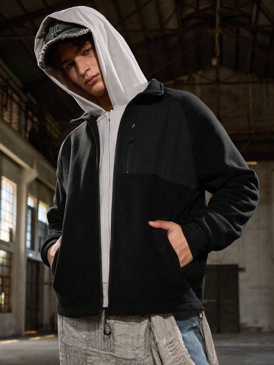 Manfinity VCAY Men Fashionable Casual Loose Fit Woven Patchwork Long Sleeve Jacket, For Young Adults, For Fall Winter - Black - View 1