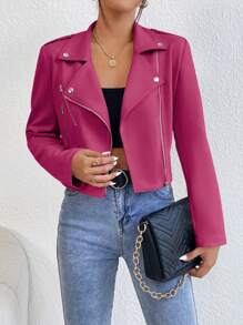 SHEIN LUNE 女式加大码纯色翻领拉链机车夹克，春秋季 - 玫紅色 - 查看 1