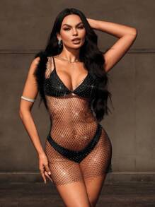 Zolique Women Sexy Diamond Mesh Sheer See-Through Dress - Black - View 6