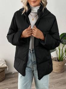 EMERY ROSE 女士纯色拉链连帽外套，冬季休闲装 - 黑色 - 查看 4