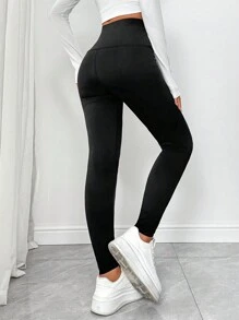 SHEIN Essnce 女士纯色高腰修身打底裤，休闲度假和外出 - 黑色 - 查看 2