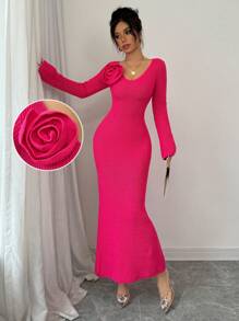 Chiquease 1 chiếc váy len dệt kim thêu hoa tay loe cho nữ, thanh lịch cho mùa thu/đông - Màu Hồng Tươi - Xem 1