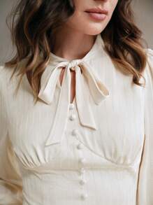 Anewsta 女士系带领腰衬衫，时尚性感上衣，秋季 - 杏色 - 查看 6