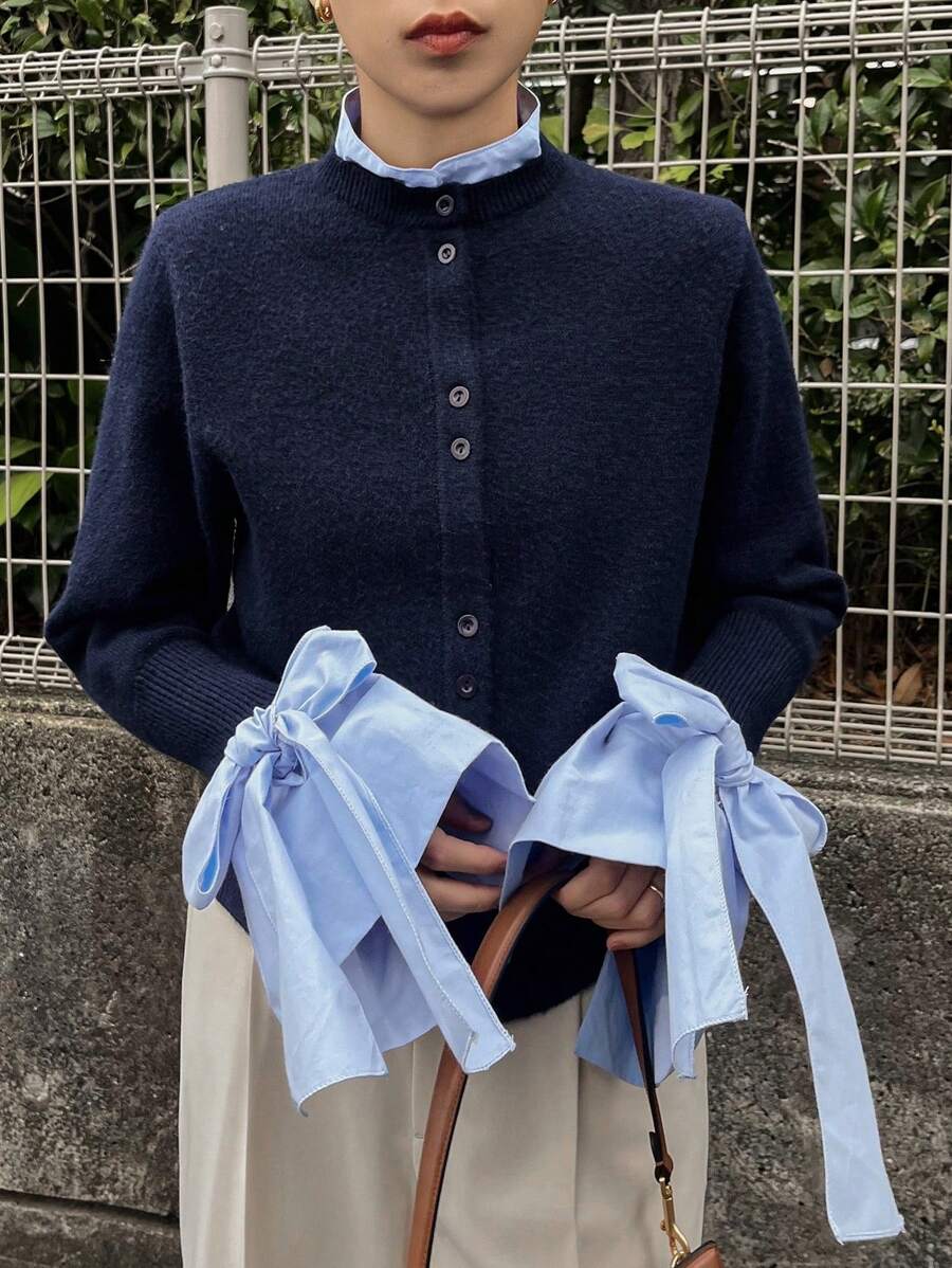 FRIFUL Damen Herbst/Winter Langarm Kontrast Farbige Schleife Manschette Strickjacke, Langarm Oberteil