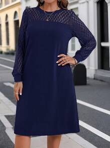 EMERY ROSE Plus Size Women's Solid Color Round Neck Contrast Lace Long Sleeve Straight Elegant Fall Dress