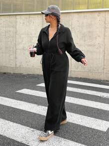 SHEIN EZwear Plus Size High Waist Fleece Jumpsuit, Thick For Autumn And Winter - Black - View 6
