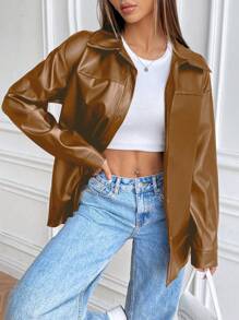 Flirla Women's PU Leather Jacket Autumn Long Sleeve Lapel Casual Street Fashion Faux Leather Black Coat