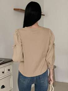 DAZY Áo sơ mi dài tay cổ tròn trang trí nơ công sở cho nữ mùa thu - Màu Khaki - Xem 5