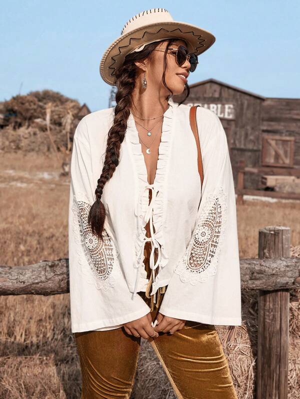 SHEIN VCAY Plus Size Vacation Solid Color Ruffle Trim Tie Cuff Blouse,Western Woman Attire,Vacation Outfits Woman,Old Money Style Women,Western