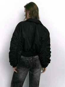 Maija 1 件女式黑色前拉链口袋纯色袖褶饰长袖简约休闲夹克，秋冬 - 黑色 - 查看 5