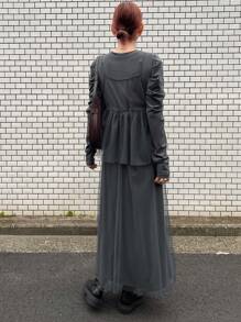 FRIFUL Women's Crew Neck Puff Sleeve Mid-Length Mesh Splice Dress, Autumn Long Sleeve Dress - Grey - View 5