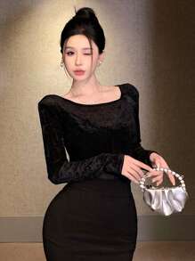 DAZY Camiseta de mujer de manga larga, cuello redondo, ajustada y de unicolor, estilo de moda, otoño transparente