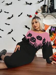 SHEIN Unity Europäisch und amerikanisch chic Halloween vintage Kürbis & Geist Muster Off-Shoulder lässiges schlankes langes Bodycon Kleid, Herbst/Winter - Verschiedenfarbig - Übersicht 5