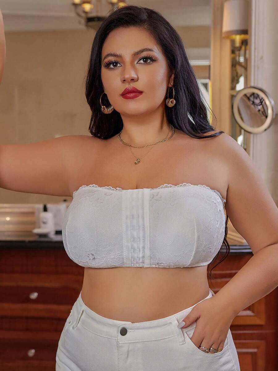 1pc Plus Size Front Closure Lace Wireless Lingerie Brassiere - White - View 1