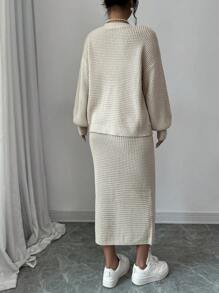 Elenzga 2pcs Set Casual Solid Color Lantern Sleeve Cardigan And Skirt, Autumn/Winter