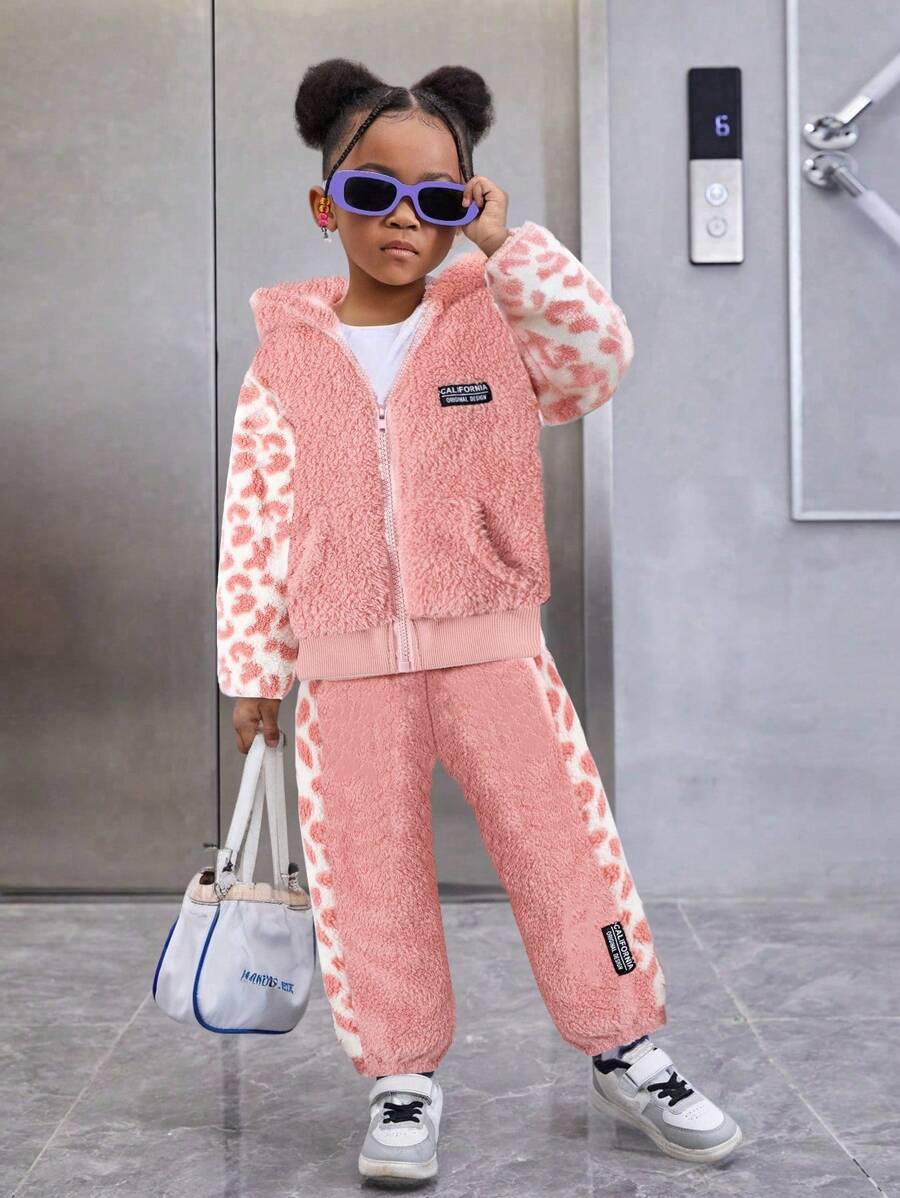2 件装年轻女孩毛绒加厚保暖套装，豹纹长袖连帽夹克 + 配套羊毛裤，可爱女孩冬季服装 - 粉色 - 查看 1