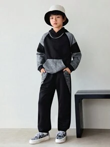 SHEIN Tween Boy Two Tone Raglan Sleeve Hoodie & Sweatpants
