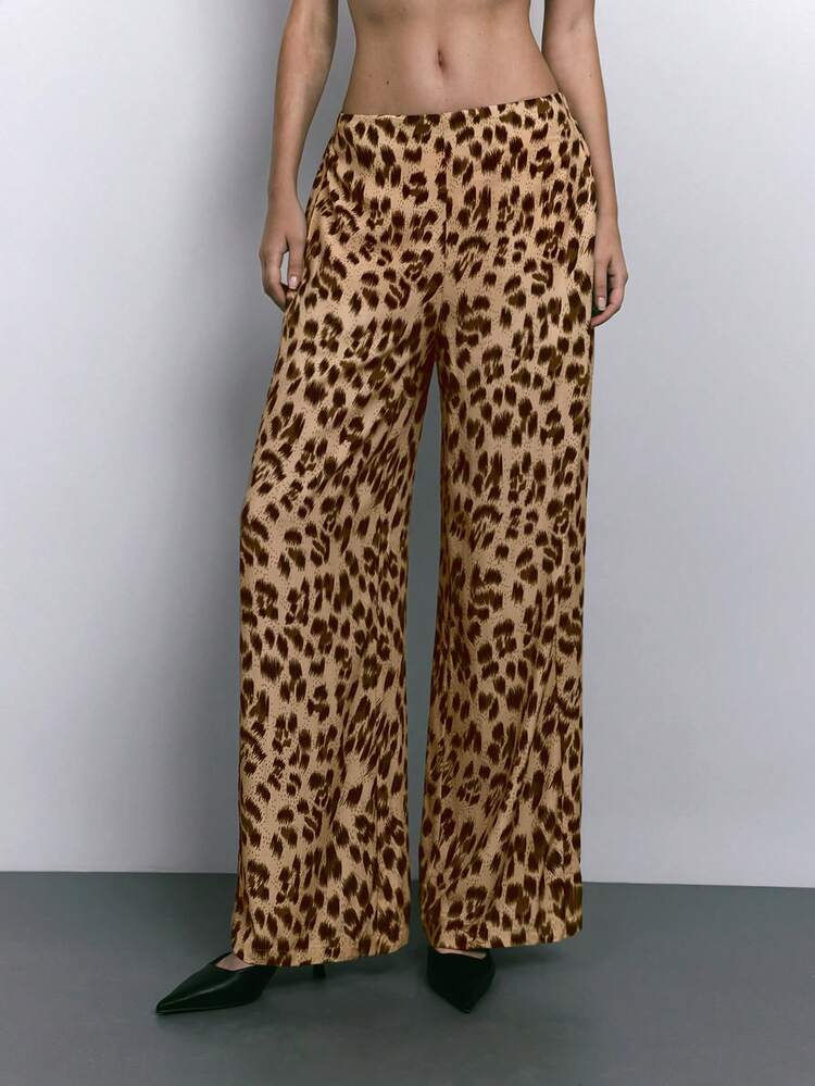 SHEIN Maija Women's Loose Fit Brown Leopard Print Pattern Simple Casual Long Pants With Pockets, Autumn/Winter