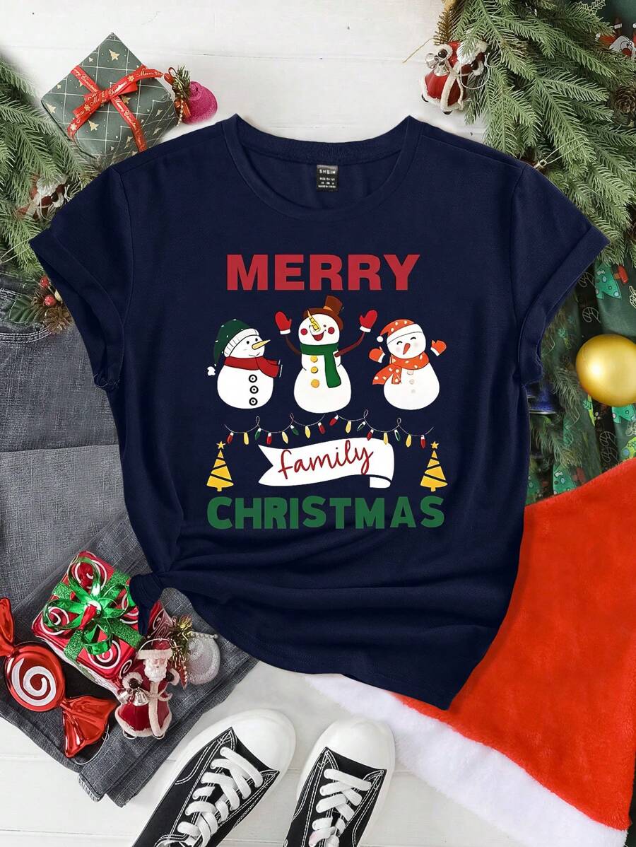 Roupas Combinadas da Família de Natal, Mamãe e Eu (4 Peças Vendidas Separadamente) - Moda Casual Feminina de Natal Alegre, Camiseta Gola Redonda com Impressão Gráfica de 3 Bonecos de Neve, Adequado para Festa de Família de Natal - Azul Marinho - Visão 1