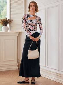 Almamuse Damen Herbst Asymmetrischer Ausschnitt Figurbetontes Stylishes T-Shirt mit Vollaufdruck