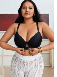 1 chiếc áo ngực ren hở lưng gợi cảm cỡ lớn dành cho nữ, nâng ngực và hỗ trợ bên hông - màu đen - Xem 1