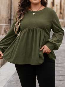 SHEIN LUNE Plus Size Women Solid Color Round Neck Long Sleeve Ruffle Hem T-Shirt, Autumn Plus Size Fall Clothes