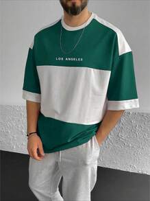 Manfinity Homme Áo thun nam in chữ màu tương phản, rộng rãi, thả vai, mùa hè - màu xanh lá - Xem 1
