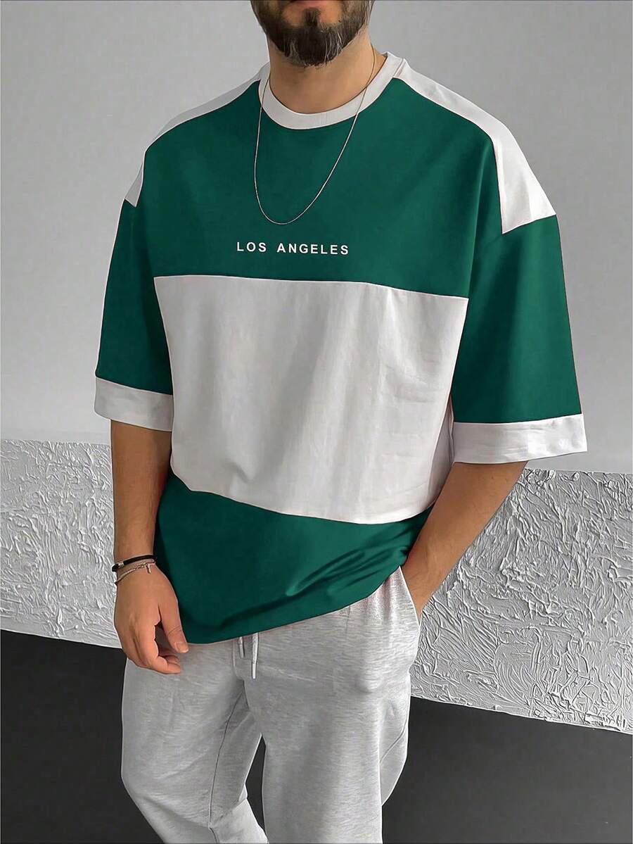 Manfinity Homme Áo thun nam in chữ màu tương phản, rộng rãi, thả vai, mùa hè - màu xanh lá - Xem 1